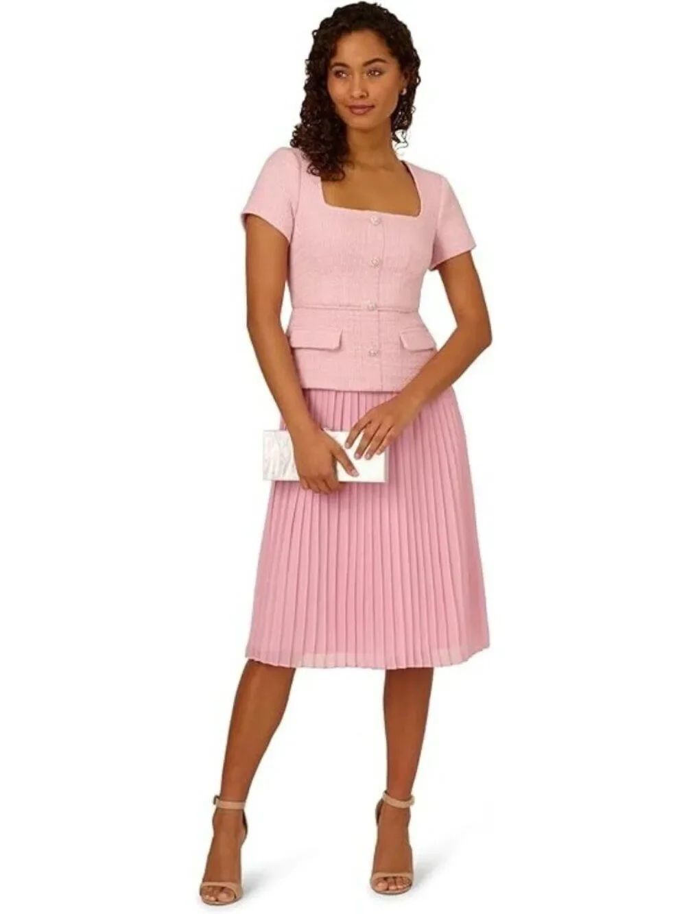 Adrianna Papell Women's Pink Boucle Combo Pleated Midi Dress Size 14